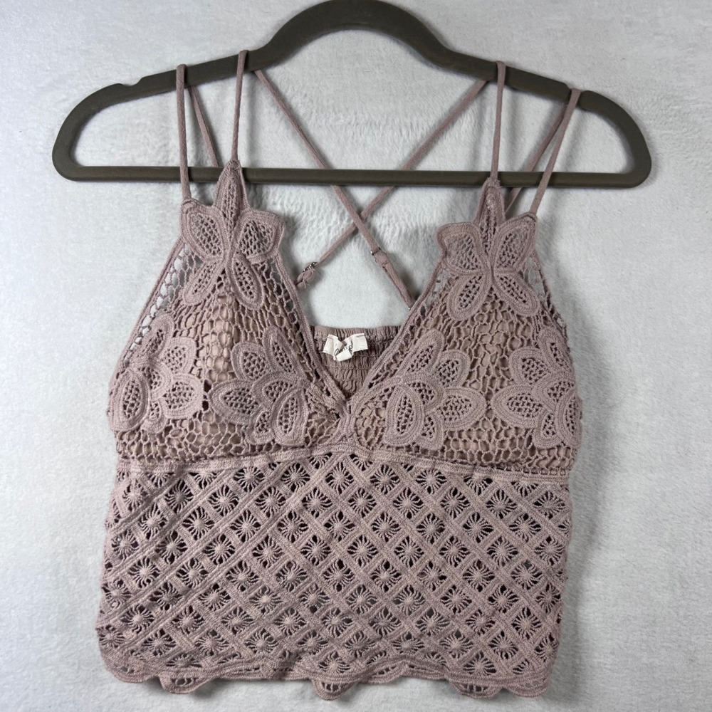 La Miel Womens Large Crochet‎ Knit Cami Top Dusty Mauve Boho Crop Festival